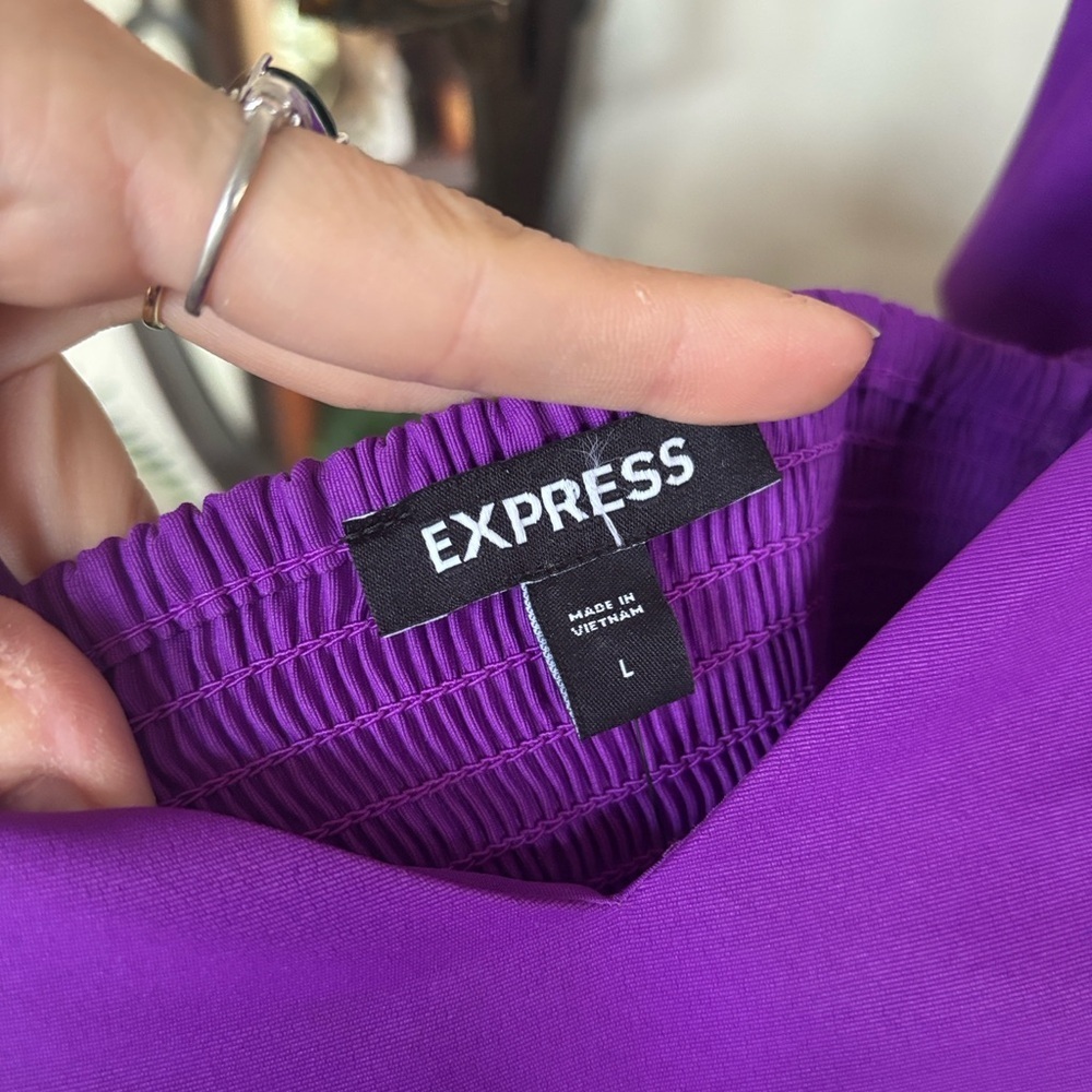 Brand New Express Purple Ruffle Crop Top Smocked Stretch Back Tailored Blouse - Picture 13 of 14